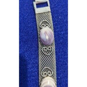 Vintage Silver Tone Mesh Bracelet with Purple White Cabachons